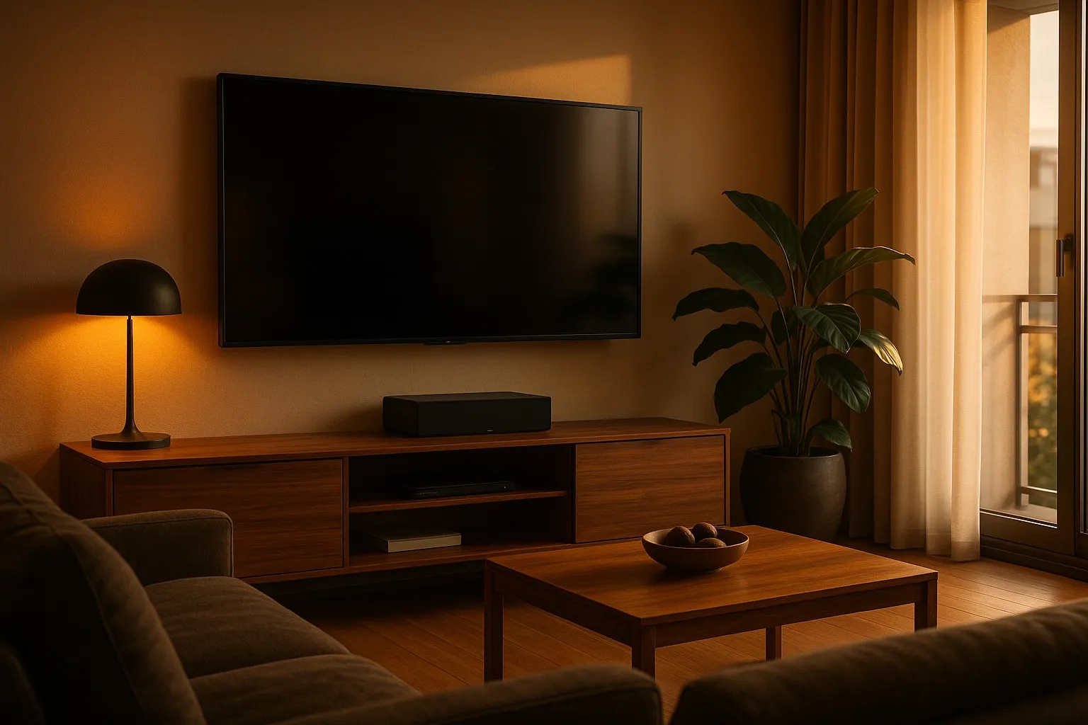 Warmly lit living room with a large wall-mounted TV above a walnut media console