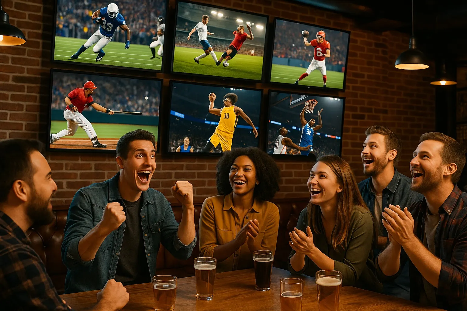 Sports bar with six wall-mounted TVs showing different games above cheering patrons