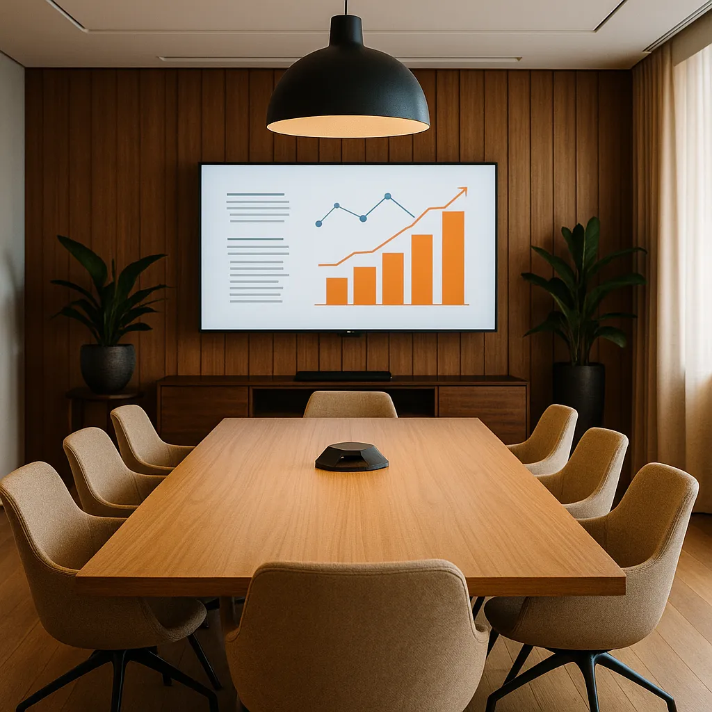 Modern wood-paneled conference room with a wall-mounted presentation display